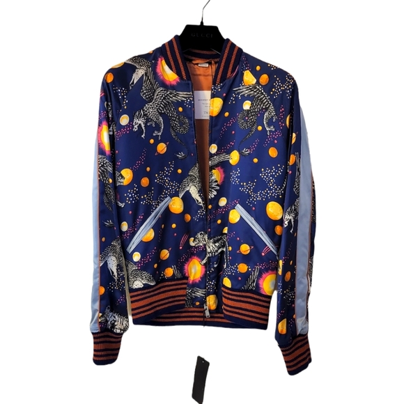 Gucci Other - GUCCI Men's Silk Print Eagle Tiger Blue Orange Galaxy Zipup Bomber Jacket Sz 44